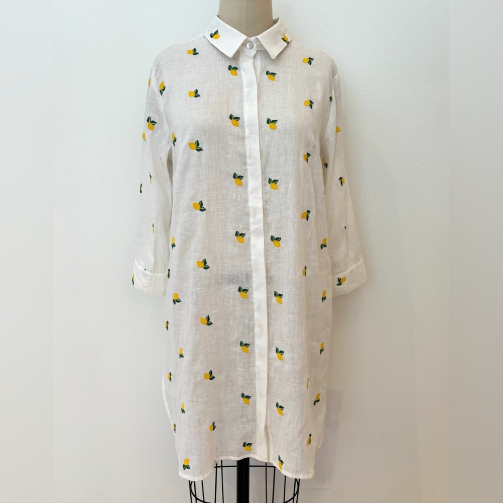 Idillio Positano Shirt Dress NWT White Linen Embroidered Lemons 3/4 Sleeve L